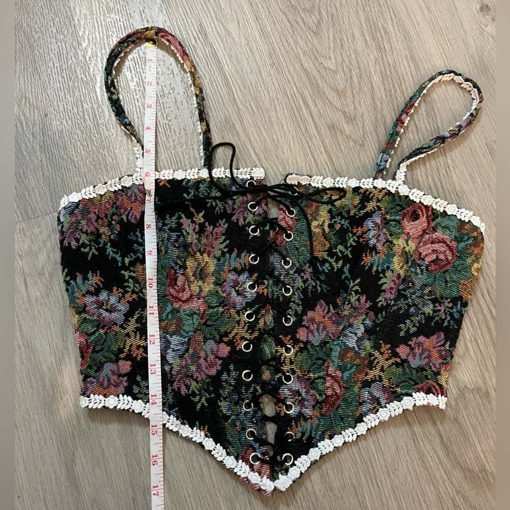 Floral tapestry lace-up corset vintage-style fairycore bustier tank top - Picture 7 of 10